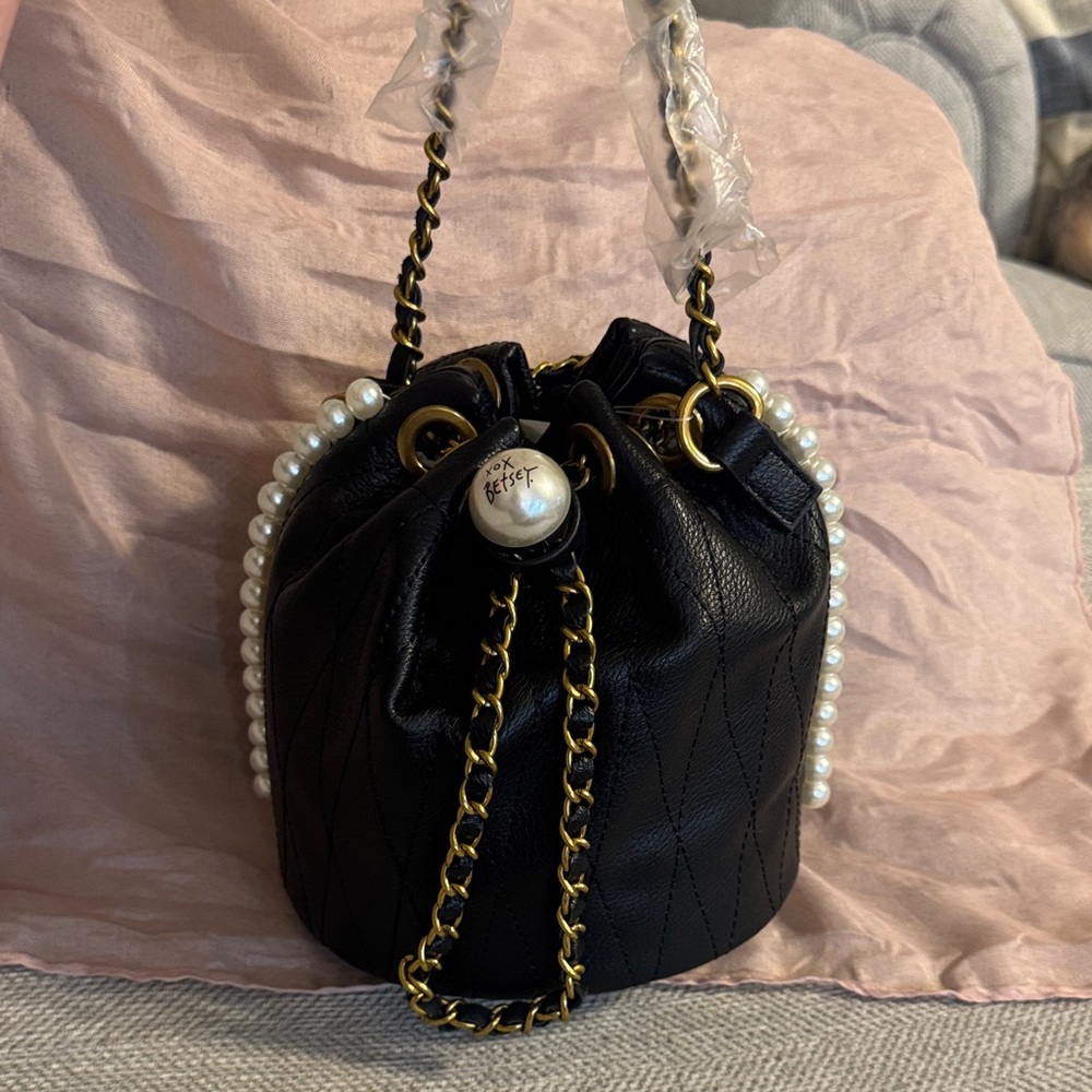 Betsey Johnson Elegant Black Quilted Bucket Bag with Pearl Accents